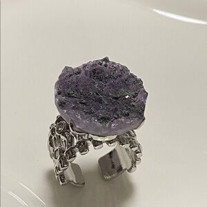 Raw Amethyst Grotto Statement Ring Silver Adjustable Boho